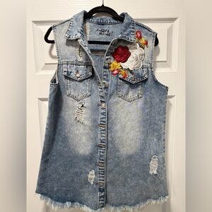 Denim Vest with Floral Embroidery